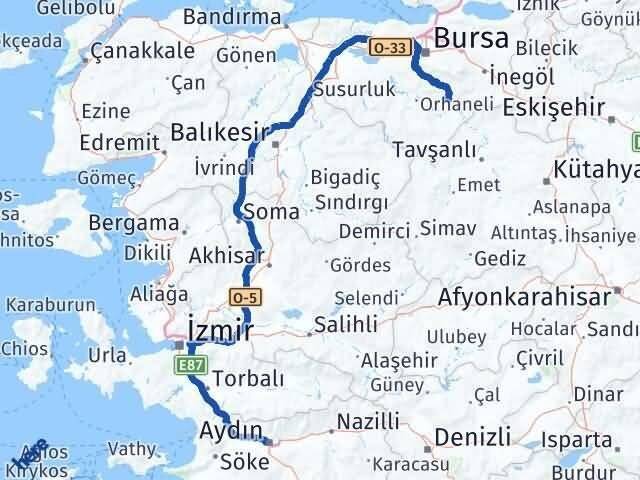 Bursa Keles Aydın Arası Kaç Km - Yol Haritası