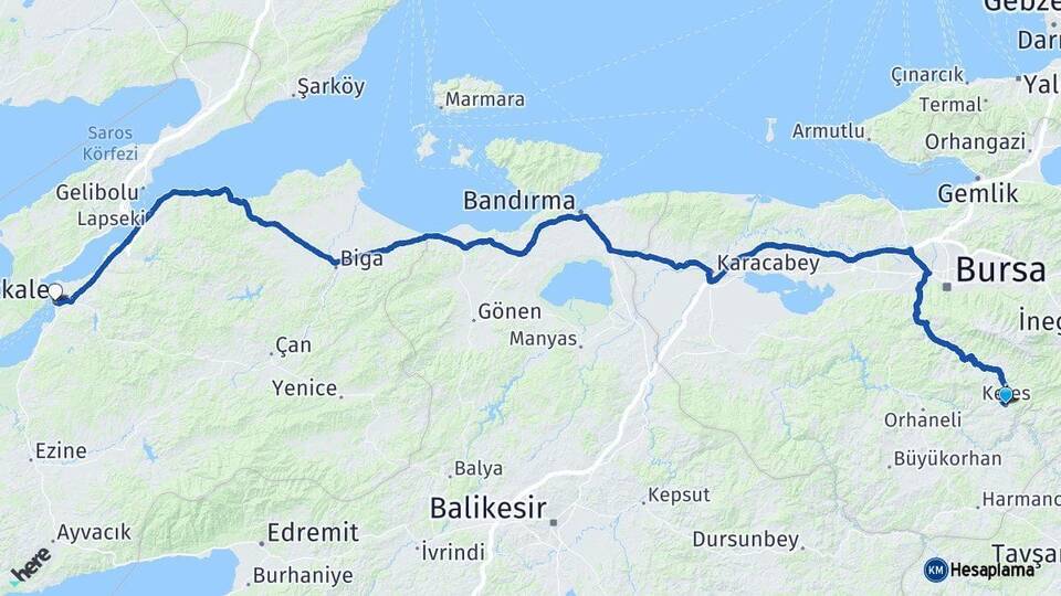 Bursa Keles Çanakkale Arası Kaç Km - Yol Haritası