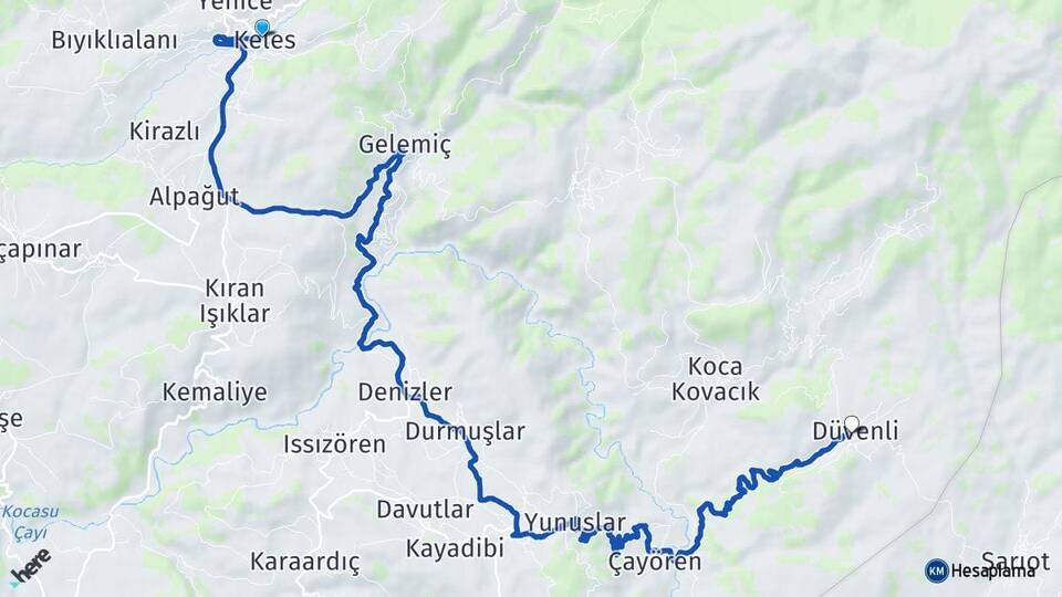 Bursa Keles Düvenli Keles Arası Kaç Km - Yol Haritası