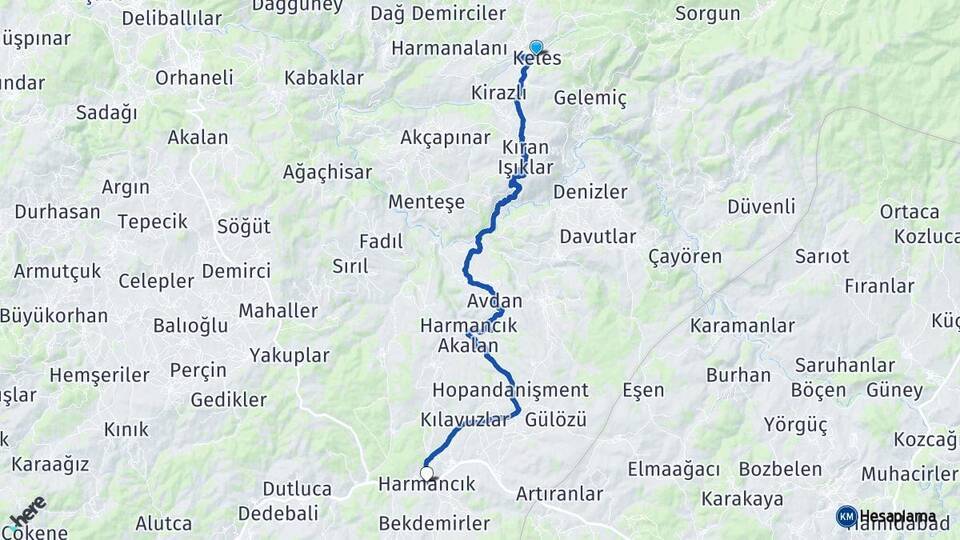 Bursa Keles Harmancık Arası Kaç Km - Yol Haritası