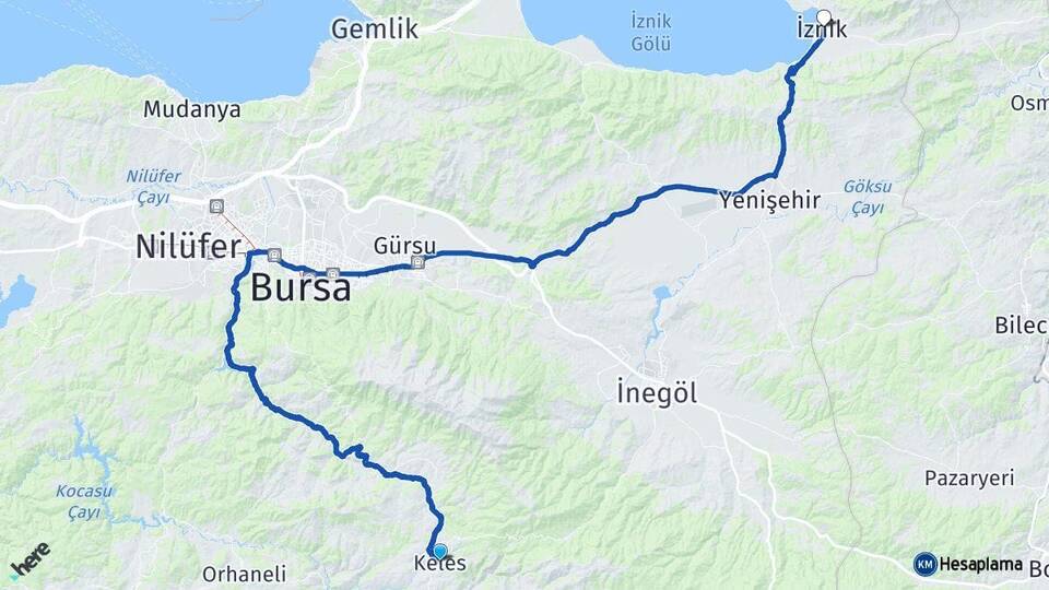 Bursa Keles İznik Arası Kaç Km - Yol Haritası