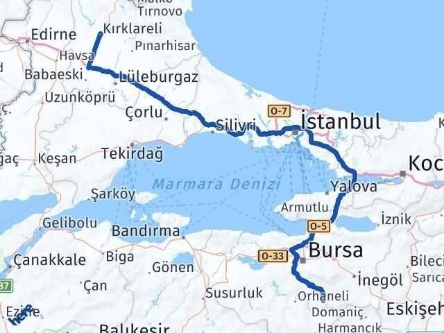 Bursa Keles Kırklareli Arası Kaç Km - Yol Haritası