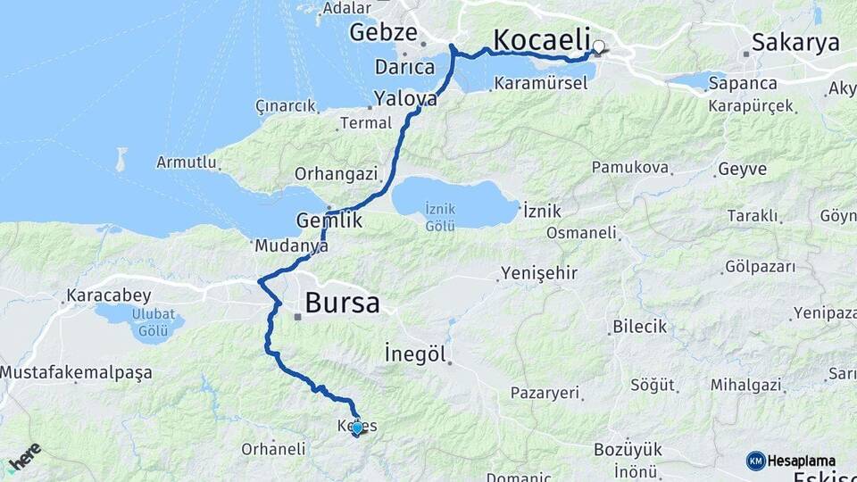Bursa Keles Kocaeli Arası Kaç Km - Yol Haritası