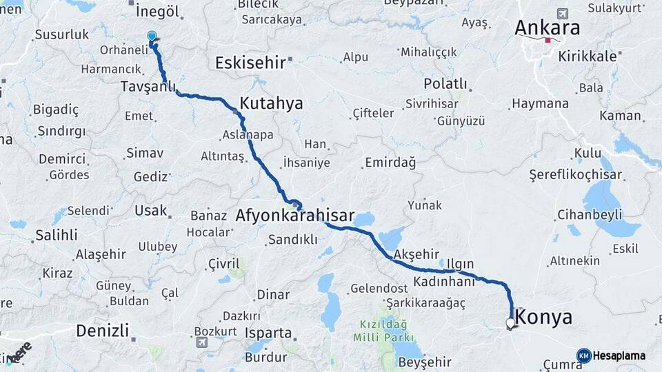 Bursa Keles Konya Arası Kaç Km - Yol Haritası