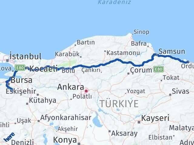 Bursa Keles Ordu Arası Kaç Km - Yol Haritası