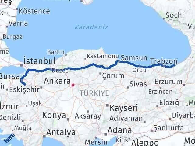 Bursa Keles Rize Arası Kaç Km - Yol Haritası