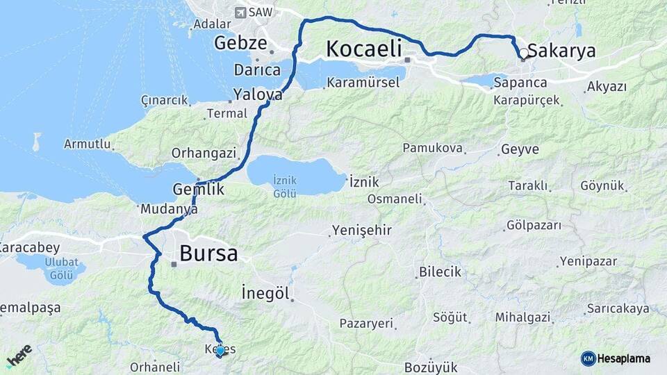 Bursa Keles Sakarya Arası Kaç Km - Yol Haritası