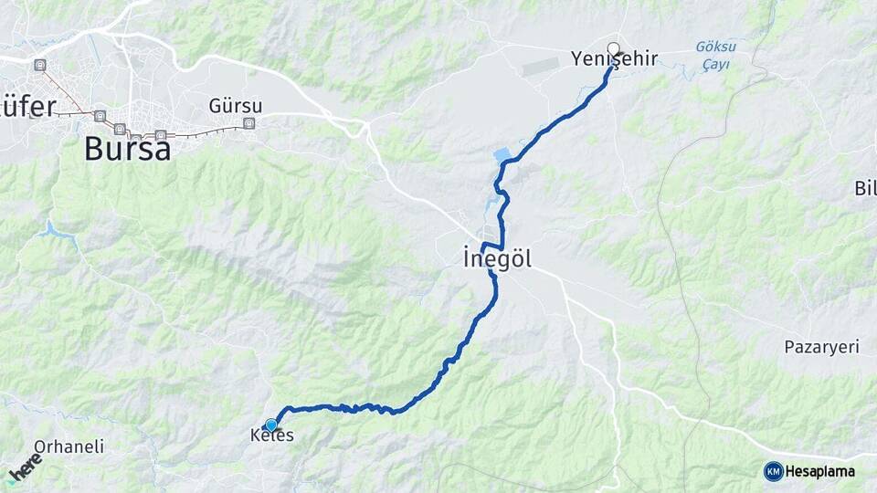 Bursa Keles Yenişehir Arası Kaç Km - Yol Haritası