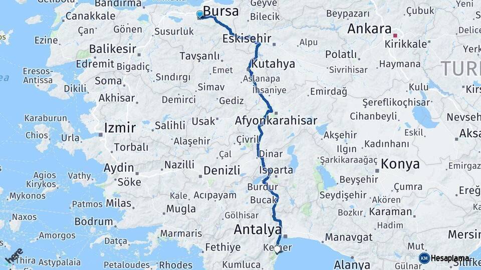Bursa Kemer Antalya Arası Kaç Km - Yol Haritası