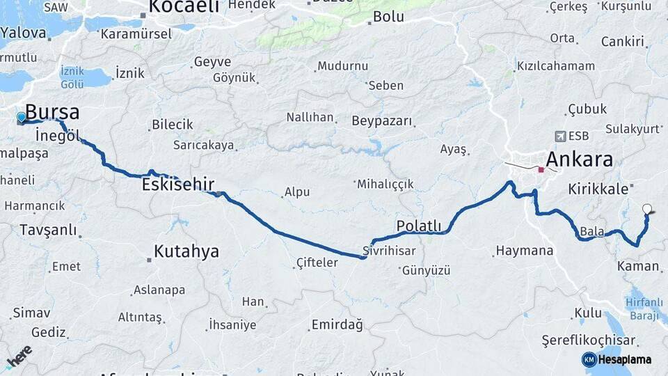 Bursa Keskin Kırıkkale Arası Kaç Km - Yol Haritası