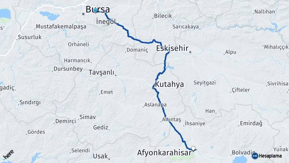 Bursa Kestel Afyonkarahisar Arası Kaç Km - Yol Haritası
