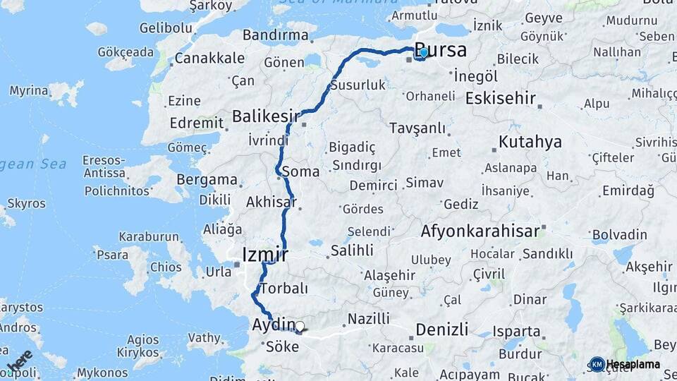 Bursa Kestel Aydın Arası Kaç Km - Yol Haritası