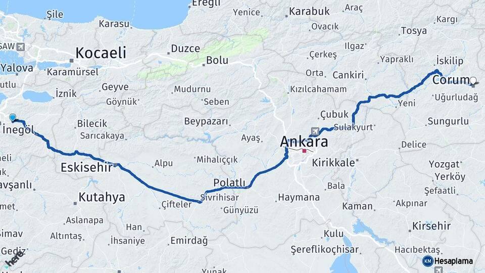 Bursa Kestel Çorum Arası Kaç Km - Yol Haritası