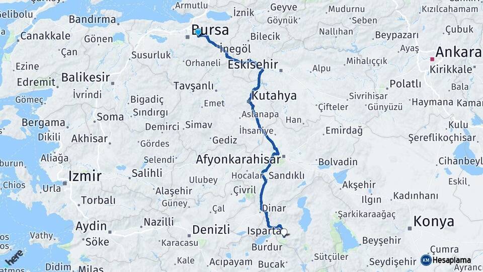 Bursa Kestel Isparta Arası Kaç Km - Yol Haritası