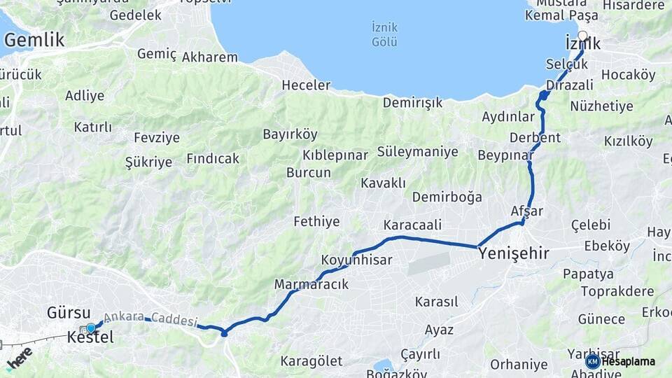 Bursa Kestel İznik Arası Kaç Km - Yol Haritası