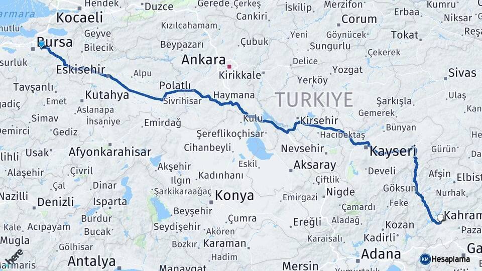 Bursa Kestel Kahramanmaraş Arası Kaç Km - Yol Haritası