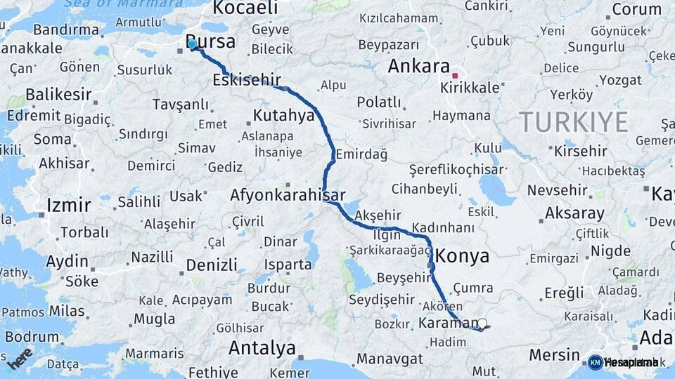 Bursa Kestel Karaman Arası Kaç Km - Yol Haritası