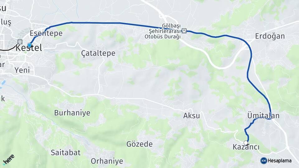 Bursa Kestel Kazancı Kestel Arası Kaç Km - Yol Haritası