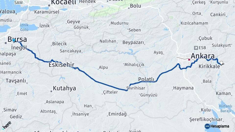 Bursa Kestel Kırıkkale Arası Kaç Km - Yol Haritası