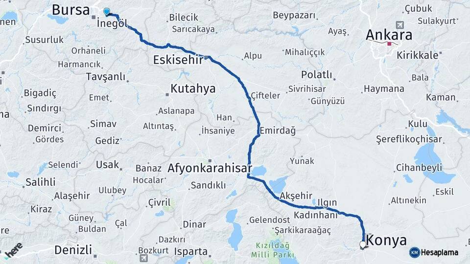 Bursa Kestel Konya Arası Kaç Km - Yol Haritası