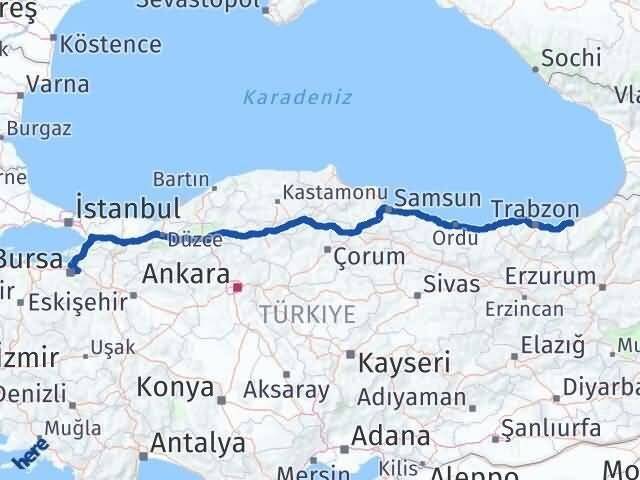 Bursa Kestel Rize Arası Kaç Km - Yol Haritası