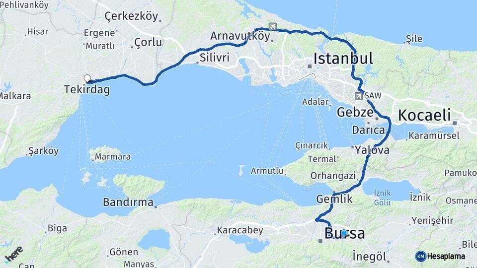 Bursa Kestel Tekirdağ Arası Kaç Km - Yol Haritası