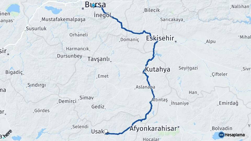 Bursa Kestel Uşak Arası Kaç Km - Yol Haritası