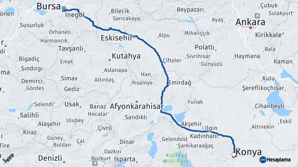 Bursa Konya Arası Kaç Km - Yol Haritası