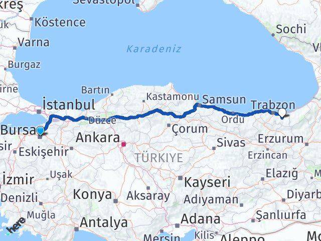 Bursa Köprübaşı Trabzon Arası Kaç Km - Yol Haritası