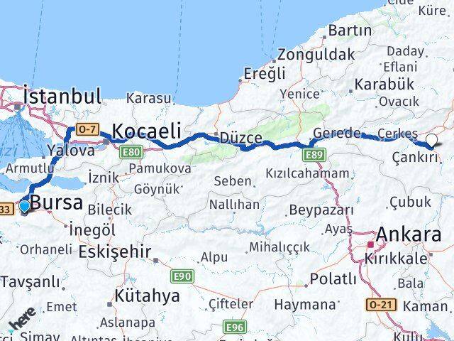 Bursa Korgun Çankırı Arası Kaç Km - Yol Haritası