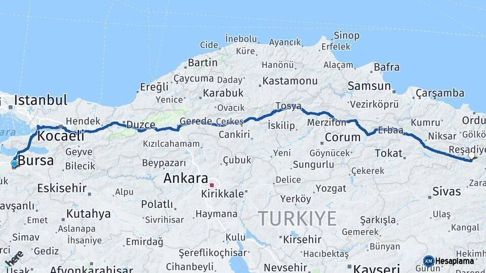 Bursa Koyulhisar Sivas Arası Kaç Km - Yol Haritası