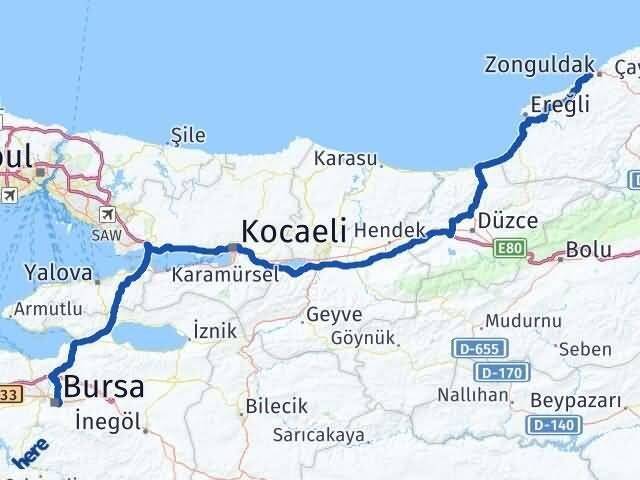 Bursa Kozlu Zonguldak Arası Kaç Km - Yol Haritası