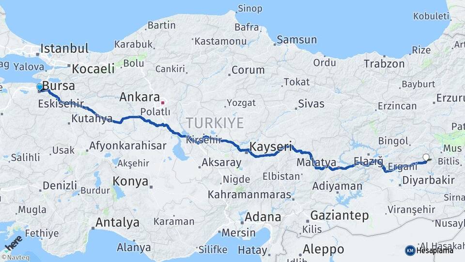 Bursa Kulp Diyarbakır Arası Kaç Km - Yol Haritası