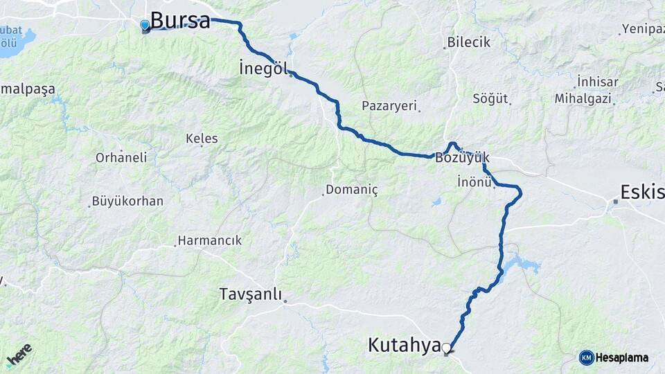 Bursa Kütahya Arası Kaç Km - Yol Haritası