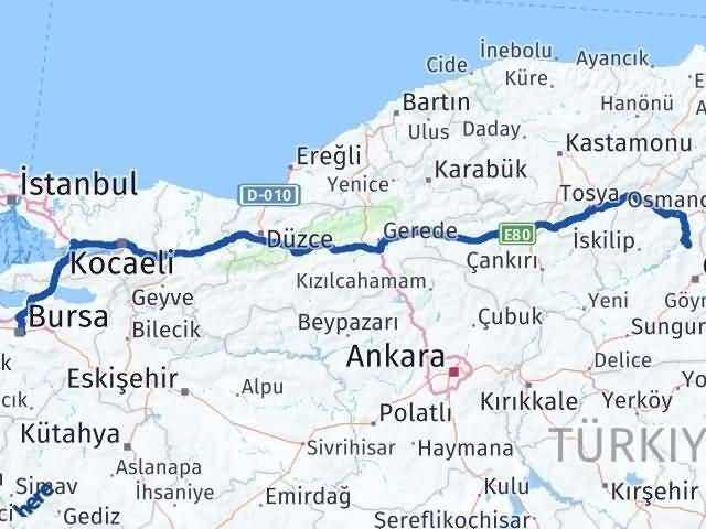 Bursa Laçin Çorum Arası Kaç Km - Yol Haritası