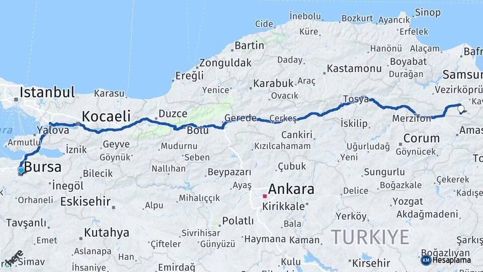 Bursa Ladik Samsun Arası Kaç Km - Yol Haritası