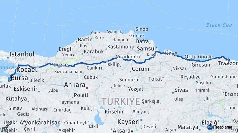 Bursa Maçka Trabzon Arası Kaç Km - Yol Haritası