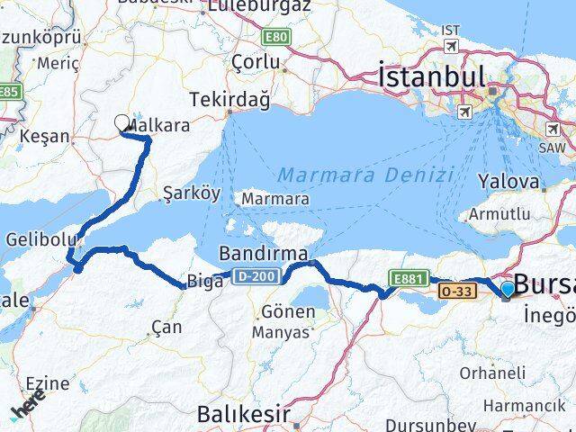 Bursa Malkara Tekirdağ Arası Kaç Km - Yol Haritası