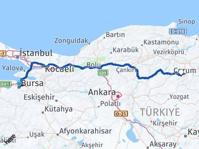 Bursa Mecitözü Çorum Arası Kaç Km - Yol Haritası
