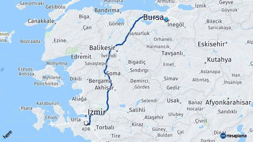 Bursa Menderes İzmir Arası Kaç Km - Yol Haritası