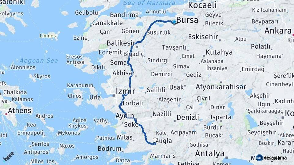Bursa Menteşe Muğla Arası Kaç Km - Yol Haritası