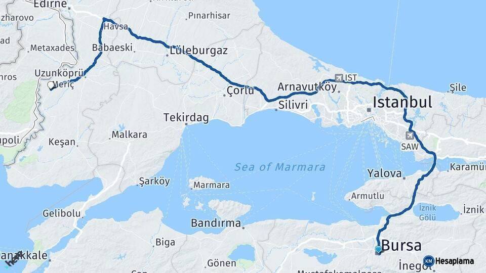 Bursa Meriç Arası Kaç Km - Yol Tarifi