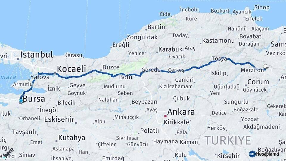 Bursa Merzifon Amasya Arası Kaç Km - Yol Haritası