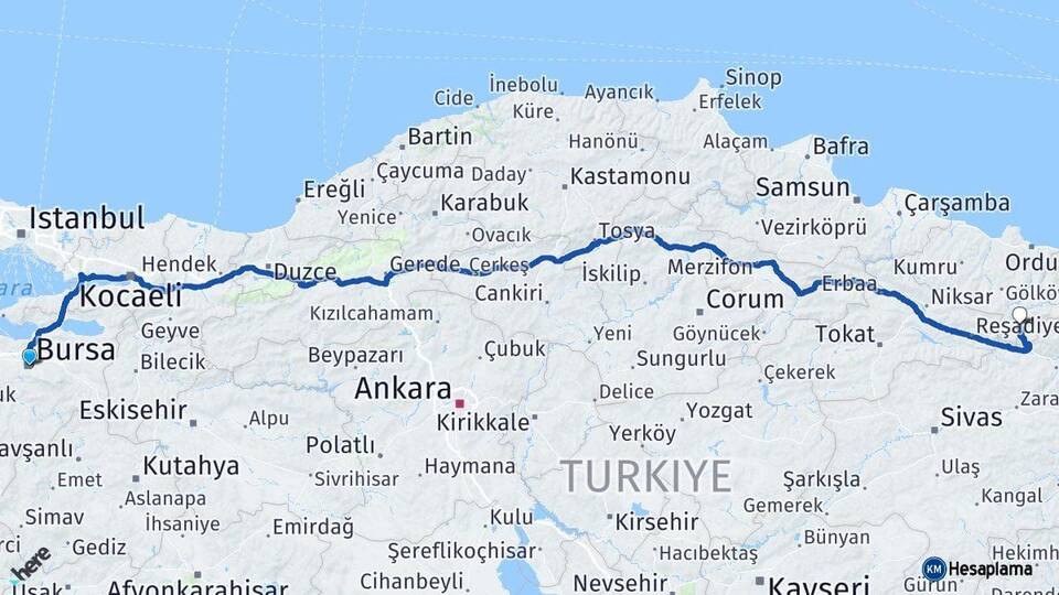 Bursa Mesudiye Ordu Arası Kaç Km - Yol Haritası
