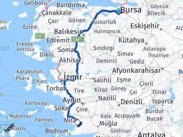 Bursa Milas Bodrum Havalimanı Arası Kaç Km - Yol Haritası
