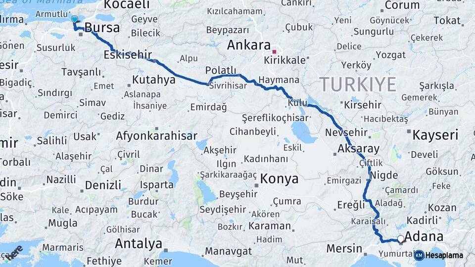 Bursa Mudanya Adana Arası Kaç Km - Yol Haritası