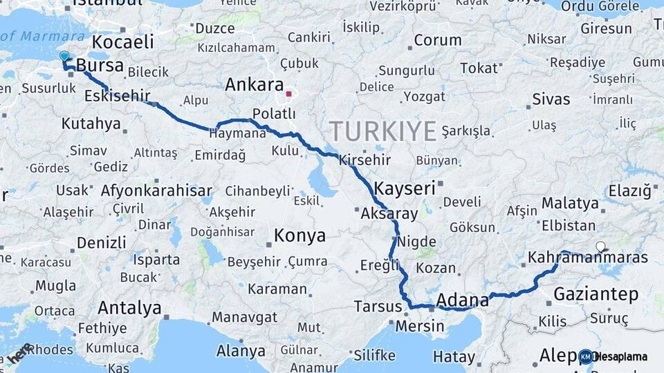 Bursa Mudanya Adıyaman Arası Kaç Km - Yol Haritası
