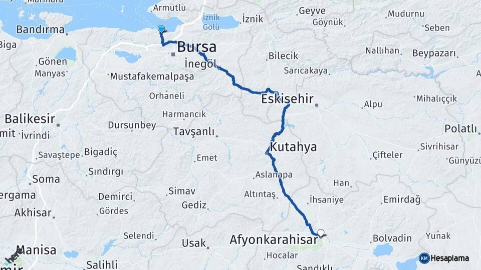 Bursa Mudanya Afyonkarahisar Arası Kaç Km - Yol Haritası