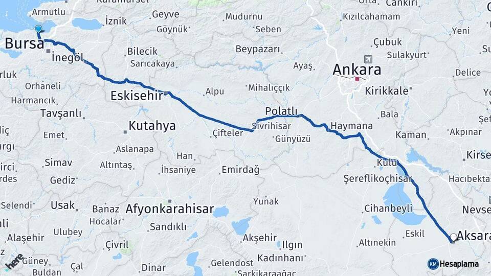 Bursa Mudanya Aksaray Arası Kaç Km - Yol Haritası