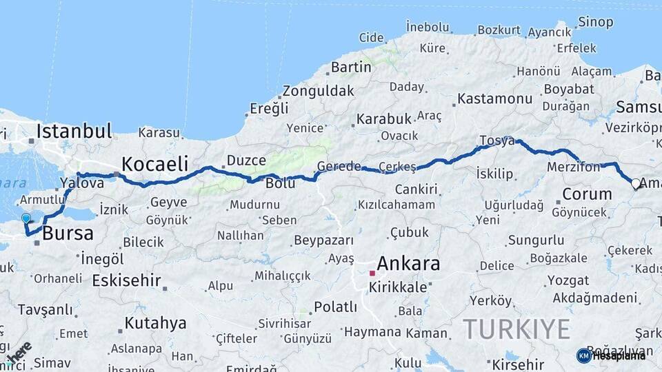 Bursa Mudanya Amasya Arası Kaç Km - Yol Haritası